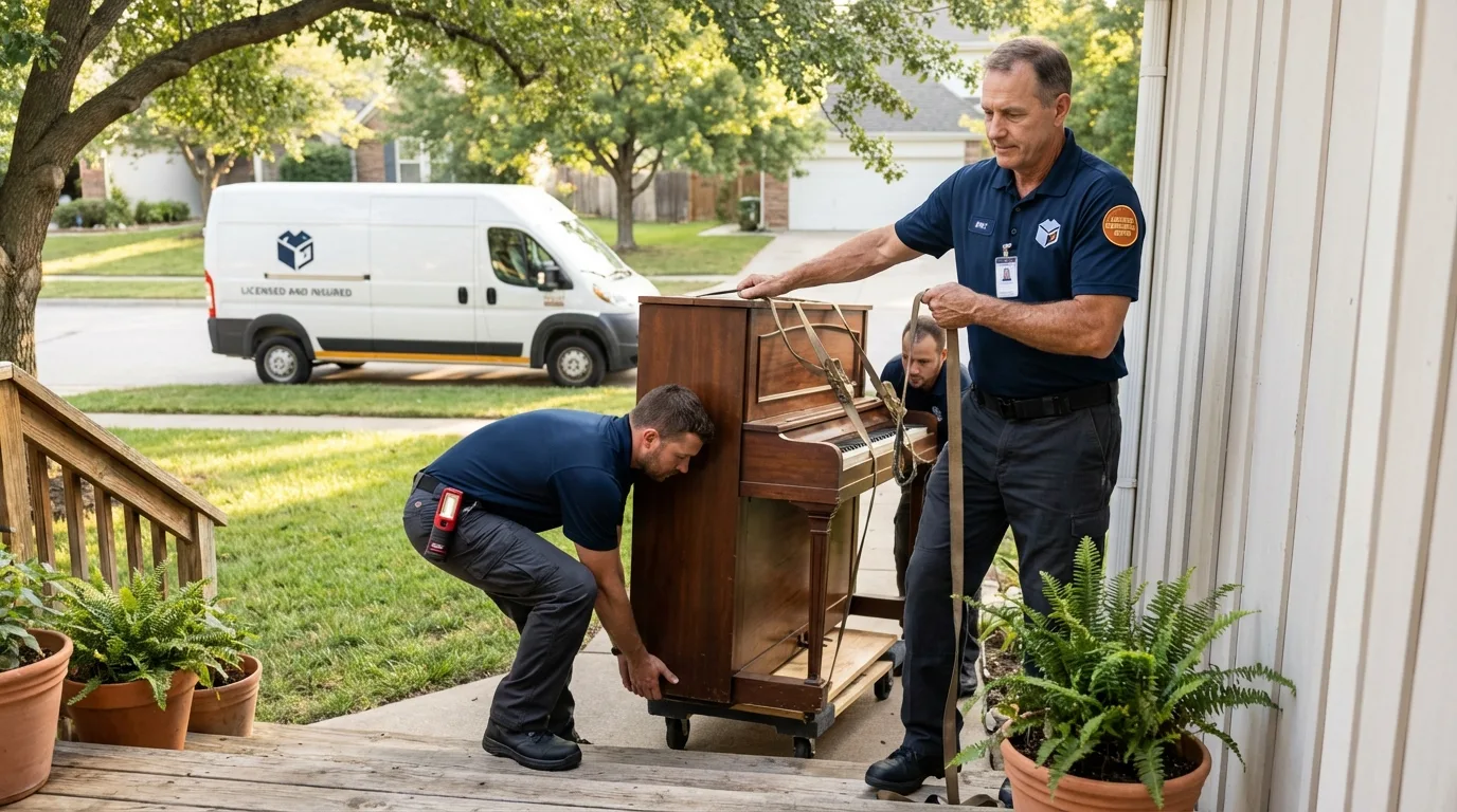 Licensed piano movers securing grand piano in Gervais, OR