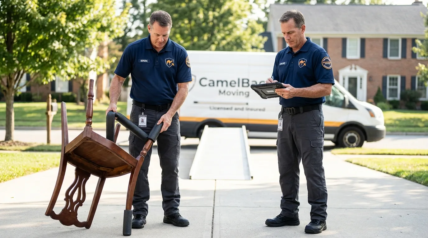 Movers inspecting furniture for damage prevention before loading in Gervais, OR