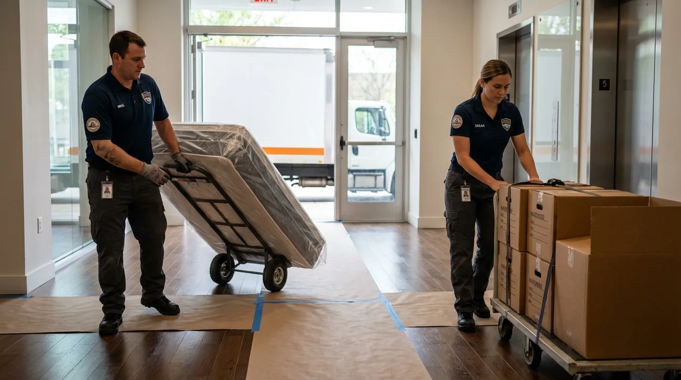 Professional apartment movers loading elevator in Gervais, OR