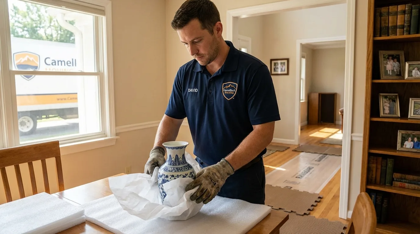 Professional crew carefully wrapping antique vase for senior downsizing move in Gervais, OR